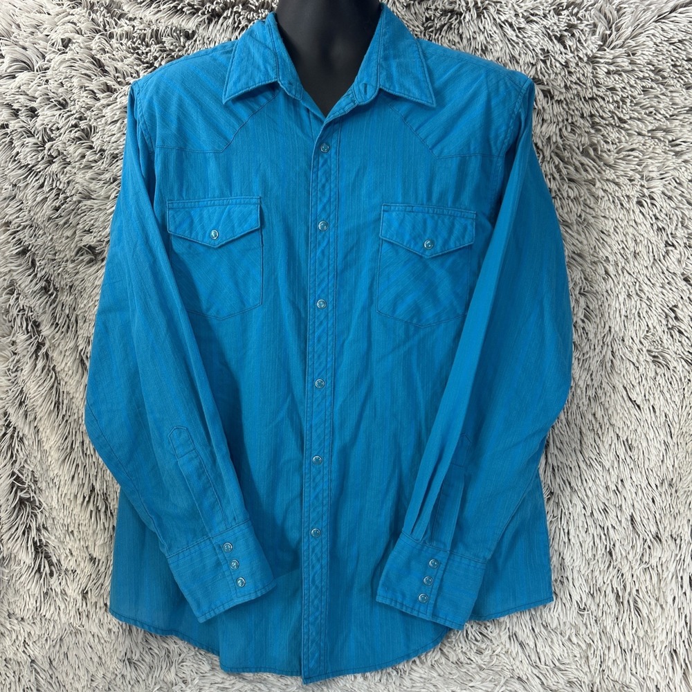 Vtg Wrangler Western Shirt‎ XL Blue Pearl Snap Long Sleeve Tonal Stripe Casual